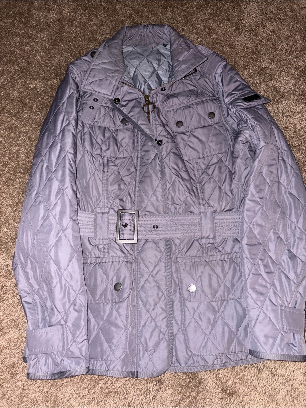Barbour Light Gray Quilted Belted Jacket